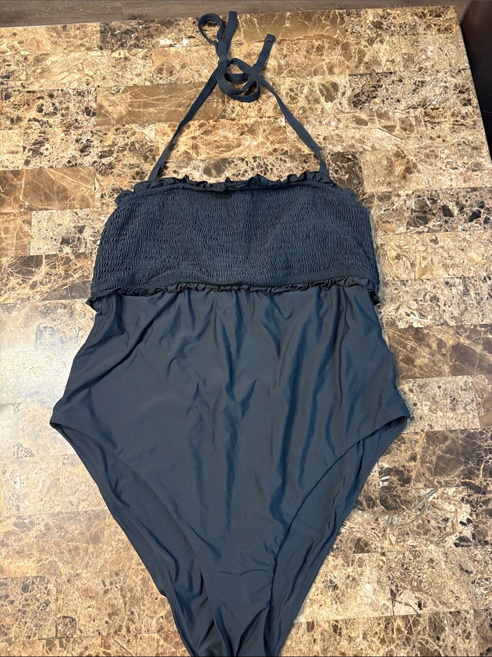 Anthropologie Black Smocked Halter One-Piece Swimsuit